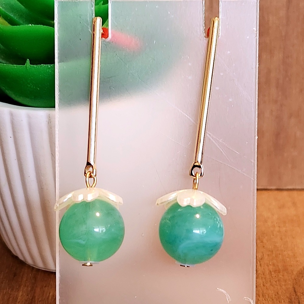 Gold Bar Green Marbled Orb Flower Cap Drop Dangle Earrings Post Back 2.1 Inch